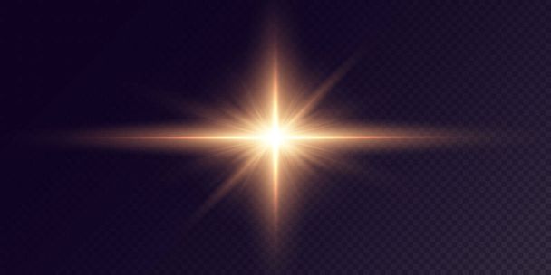 Light rays of light horizontal golden color with glare and flashes isolated on a transparent background. Festive set light laser abstract. Celebratory Gold-colored light star with glare. - Vetor, Imagem