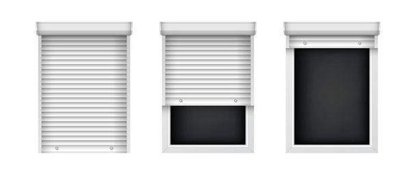 Set de ventanas de plástico con persianas. Persianas enrollables realistas para ventanas de vidrio. Parrilla de ventana cerrada y abierta para el diseño de decoración de interiores - Vector, imagen