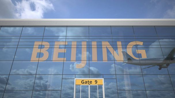 Commercial airplane reflecting in airport terminal with BEIJING text. 3d rendering - Fotó, kép