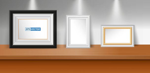 set of realistic blank photo frame on table or blank picture frame with down light or mock up frame poster exhibition concept. eps vector - Vector, Image