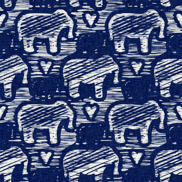 İndigo boyalı filin hayvan desenli dokusu. Kusursuz tekstil kumaş boyası baskıya dayanıklıdır. Japon kimono bloğu baskısı. Yüksek çözünürlüklü batik etkisi tekrarlanabilir doğa örneği.  - Fotoğraf, Görsel