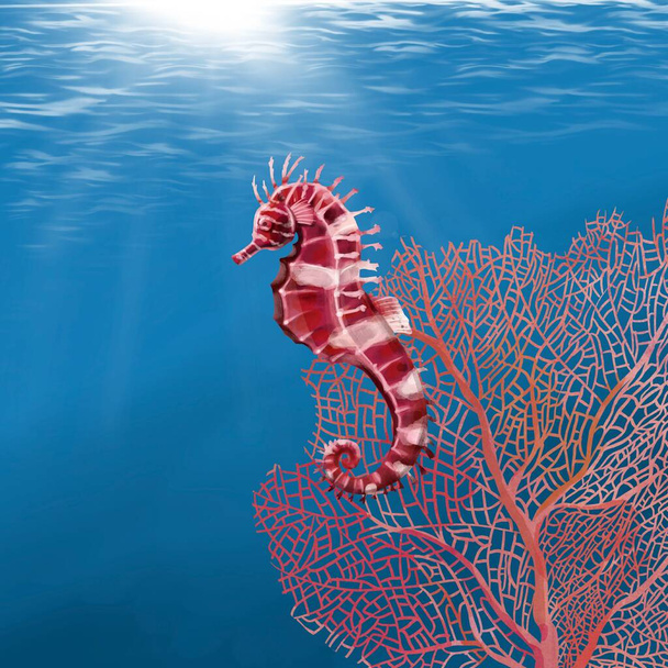 akwarela konik morski pływa w morzu. Realistyczna ilustracja  - Zdjęcie, obraz