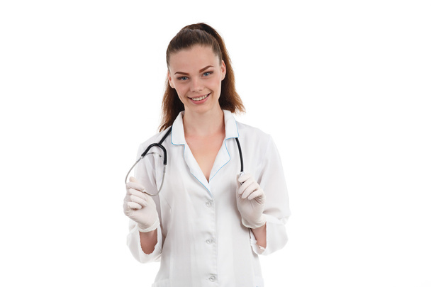 Happy smiling female doctor  isolated on white background - Fotografie, Obrázek