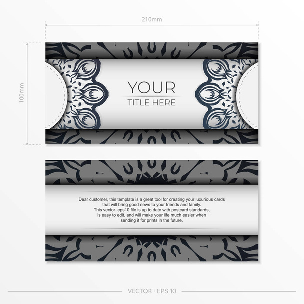 Einladungskartenvorlage mit griechischen Mustern. Stilvolles Vektordesign für Grußkarte in weißer Farbe mit dunkelblauem Vintage - Vektor, Bild