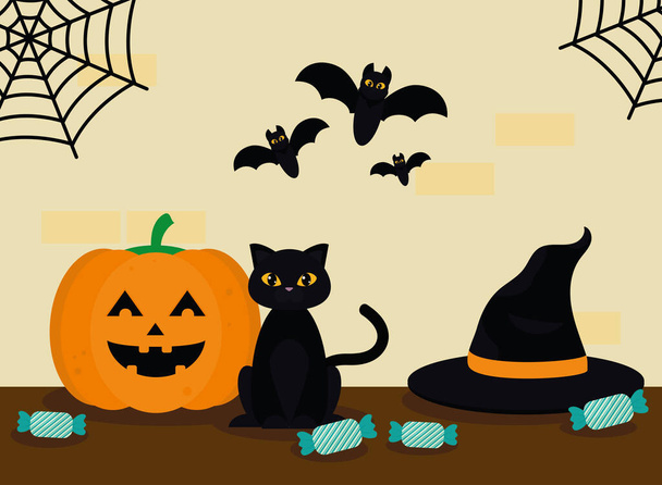 halloween pumpkin and cat - Vector, Image