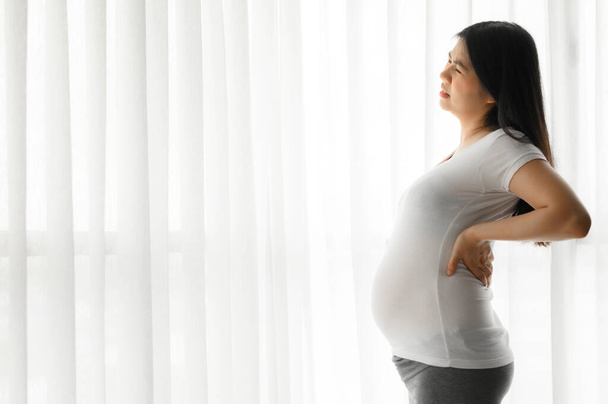 Sırt üstü duran Asyalı hamile kadın sırt ağrısı yüzünden acı çekiyor. - Fotoğraf, Görsel