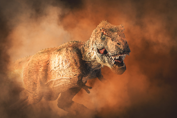 Tiranossauro T-rex, dinossauro em fundo de fumaça - Foto, Imagem