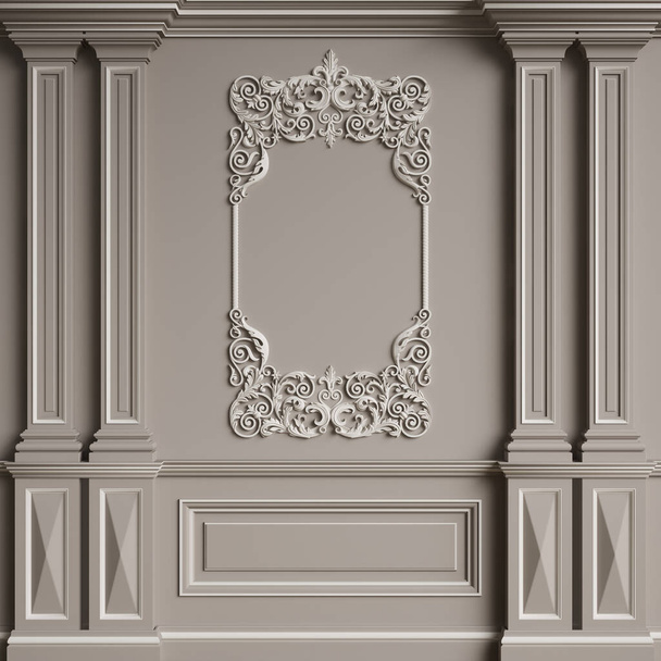 Classic interior wall with mouldings.Floor parquet herringbone.Digital illustration.3d rendering - Φωτογραφία, εικόνα