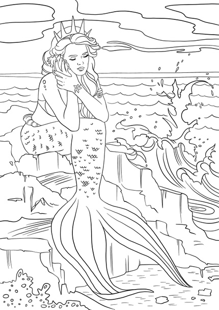 Coloring pages with mermaid. Line art design for adults or children coloring in doodle style. - Photo, Image