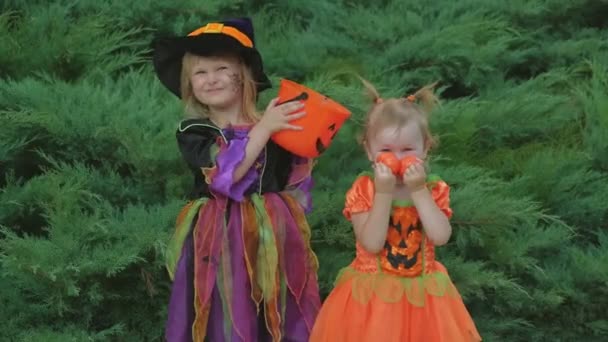 Due bambini piccoli, ragazze, in costume di Halloween sono sdraiati sull'erba e mangiano caramelle per Halloween. - Filmati, video