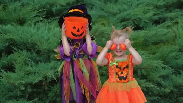 Two little children in halloween costume raise pumpkins in front of them and make faces. - Footage, Video