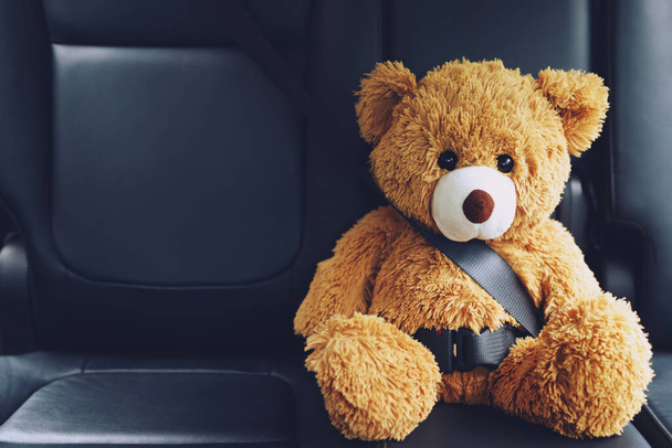 Brown teddy bear wearing car seat belt - Foto, Imagen
