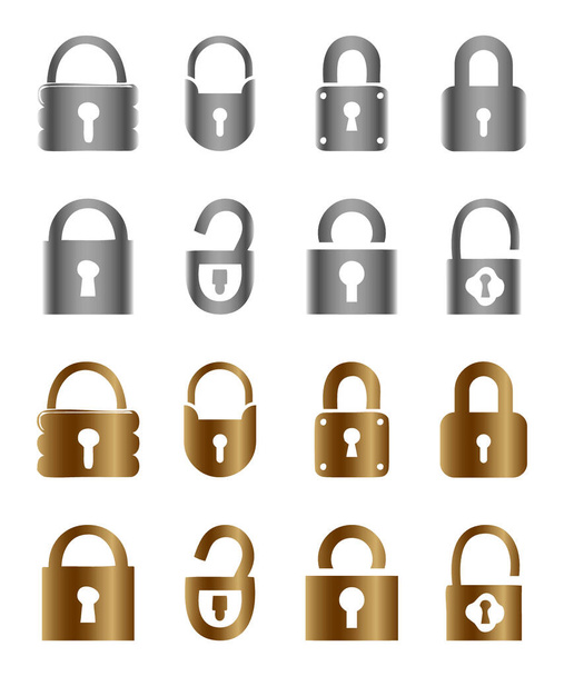Ícone vetor de vários bloqueios definido na cor cromada e dourada - Vetor, Imagem