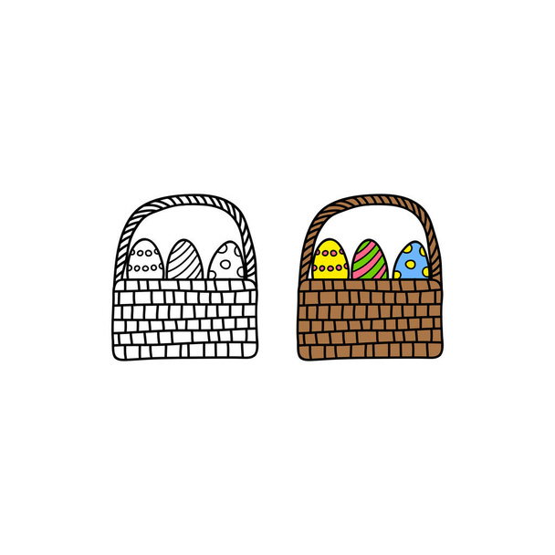 Doodle outline and colored basket with Easter eggs isolated on white background. - Vector, afbeelding