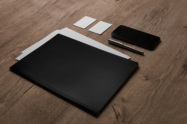 Corporate Stationery, Branding Mock-up, Wooden Background, Dark and Bright objects - Foto, Imagen