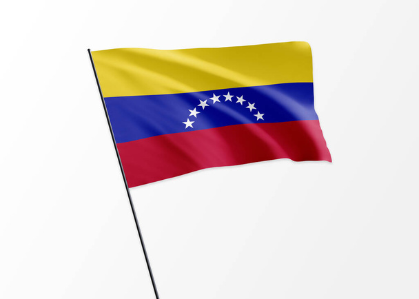 Flaga Wenezueli powiewa wysoko w odosobnionym tle Dzień niepodległości Wenezueli - Zdjęcie, obraz