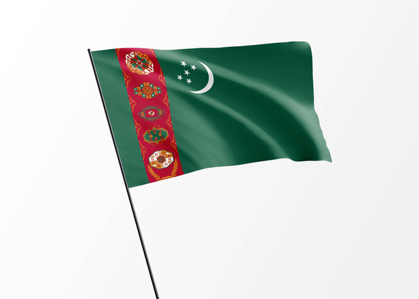 Flaga Turkmenistanu powiewająca wysoko w odosobnionym tle dzień niepodległości Turkmenistan 3D ilustracja światowa flaga narodowa kolekcja - Zdjęcie, obraz