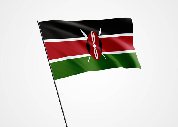 Kenian lippu liehuu korkealla eristetyllä taustalla. 12. joulukuuta - Kenian itsenäisyyspäivä. Maailman kansallinen lippukokoelma Maailman kansallinen lippukokoelma - Valokuva, kuva