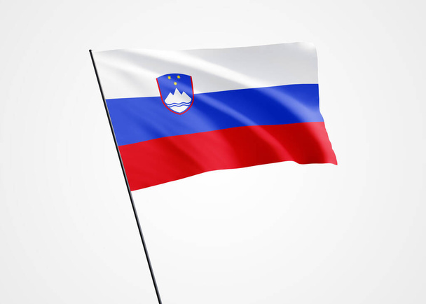 Flaga Słowenii powiewa wysoko w odosobnionym tle. 26 grudnia Dzień Niepodległości Słowenii. Światowa kolekcja flag narodowych światowa kolekcja flag narodowych - Zdjęcie, obraz