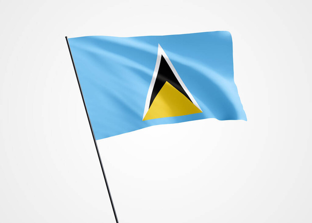 Saint Lucia leci wysoko w odosobnionym tle. 22 lutego Dzień Niepodległości Świętej Łucji. Światowa kolekcja flag narodowych światowa kolekcja flag narodowych - Zdjęcie, obraz