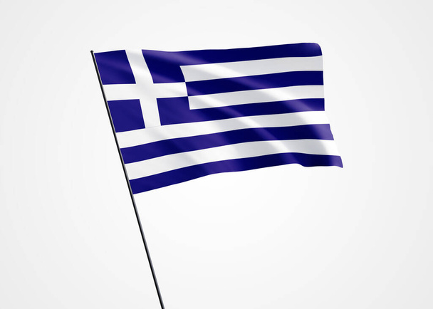 Kreikan lippu liehuu korkealla valkoisella taustalla. 25. maaliskuuta - Kreikan itsenäisyyspäivä. Maailman kansallinen lippukokoelma Maailman kansallinen lippukokoelma - Valokuva, kuva