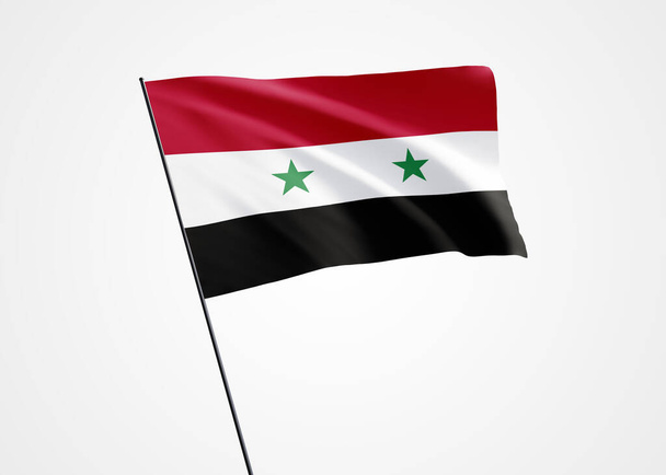 Bandera de Siria ondeando alto en el fondo blanco aislado. 17 de abril Día de la independencia de Siria. Colección mundial de bandera nacional Colección mundial de bandera nacional - Foto, imagen