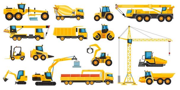 Construction heavy machinery, building equipment and vehicles. Forklift, excavator, crane, tractor, bulldozer, excavator vector set - Vector, Image