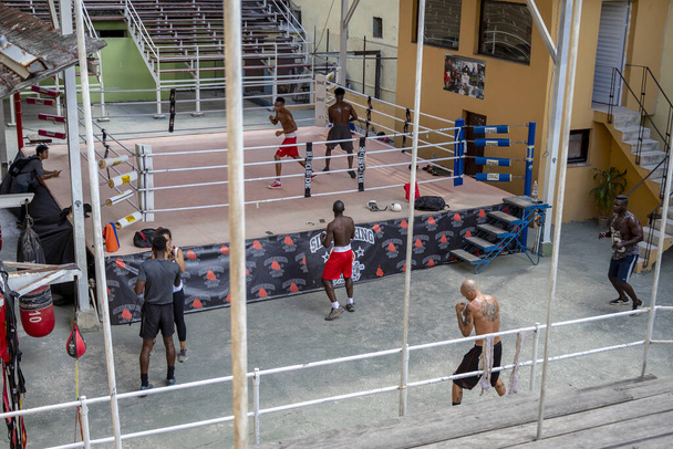 HAVANA, CUBA - Apr 02, 2019: The boxers from a neighborhood of Old Havana in the Rafael Trejo gym - 写真・画像