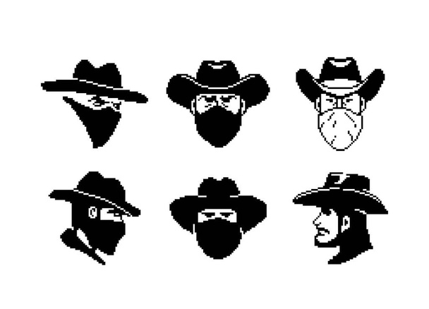 Portrait of a man in a cowboy hat and mask. Pixel style. Cowboy or robber - Vector, Image