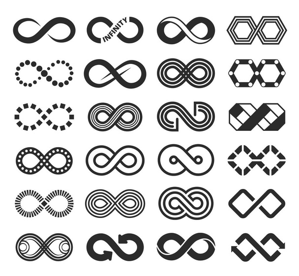 Infinity icon, infinite symbol sign, eternal loop logo. Black unlimited arrow strokes, endless rings, mobius shape symbols vector set - Vector, Image