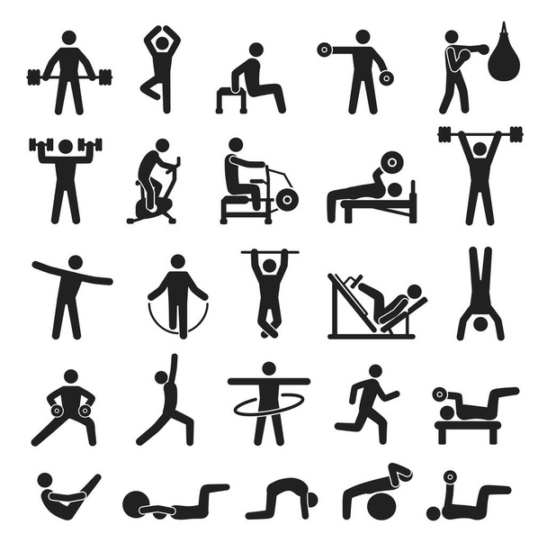 Icono de entrenamiento deportivo, pictogramas de ejercicio físico. Gente levantando pesas, haciendo yoga, boxeando. Deportes recreación actividad vector conjunto - Vector, Imagen