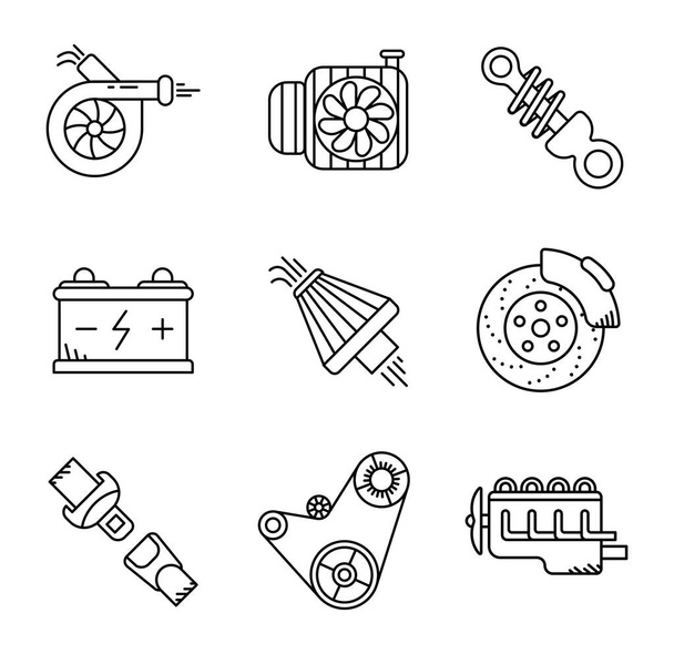 Vehicle engine cooling fan, engine belt, battery, belt, brake pad, air filter, car turbo and suspension, icon set. Car parts line icons. Automobile production icon set. Linear set. - Vector, imagen
