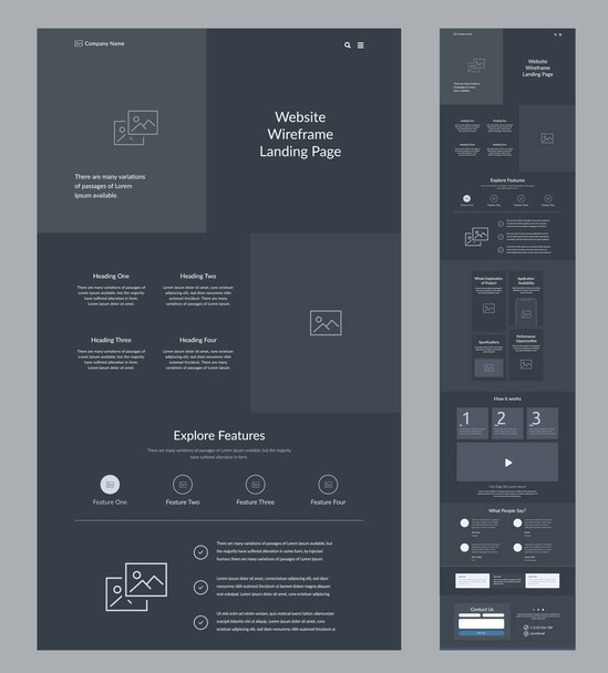 Website template design. Dark landing page site wireframe. One page site layout interface for your company. - Vektor, kép
