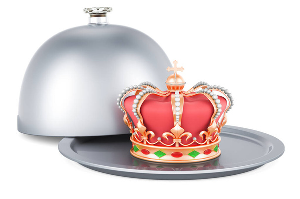 Restaurant cloche with golden crown, 3D rendering isolated on white background - Foto, immagini
