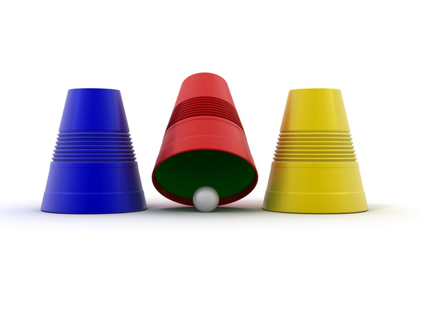 Right choice. Three plastic cup with sphere. Game. 3d - Foto, Bild