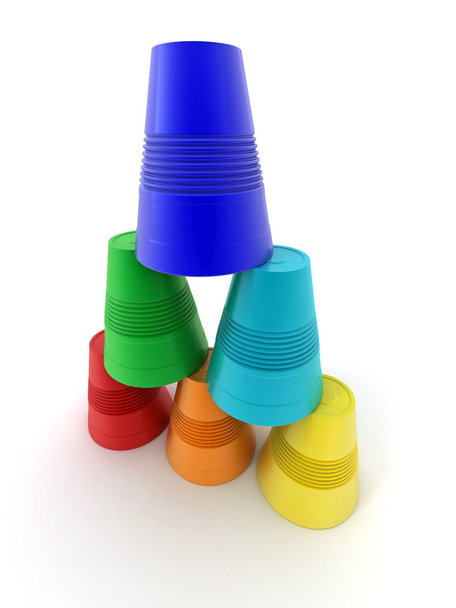 Pyramid from inverted plastic cups on isolated background - Foto, Bild