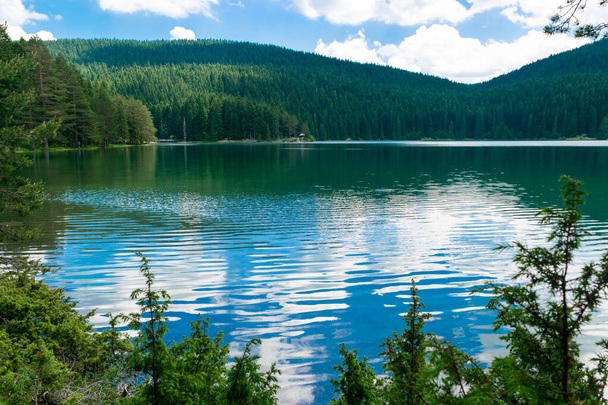 Παγωμένη Μαύρη Λίμνη, με Meded Peak. Λίμνη είναι premium τουριστικό αξιοθέατο του Εθνικού Πάρκου Durmitor. Περπάτημα κύκλους μονοπάτι γύρω από τη λίμνη, και είναι δημοφιλής προορισμός για αναψυχή και πεζοπορία. Μαυροβούνιο - Φωτογραφία, εικόνα