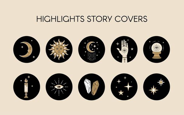 Vector set of icons and emblems for social media celestial stories highlight covers - design templates. Abstract design golden elements on black circle background   - Vector, Image