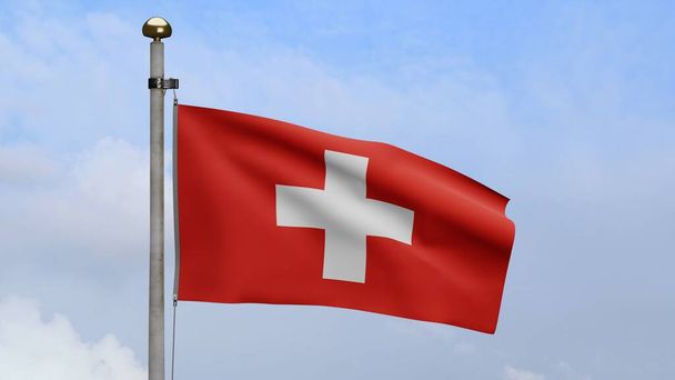 3D, Switzerland flag waving on wind with blue sky and clouds. Swiss banner blowing, soft and smooth silk. Cloth fabric texture ensign background. Use it for national day and country occasions concept. - Photo, Image