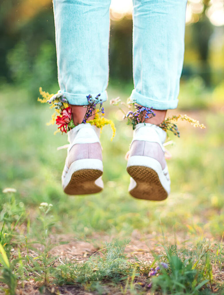 Krásné divoké květiny v botách na letním poli. Letní pozadí - Fotografie, Obrázek
