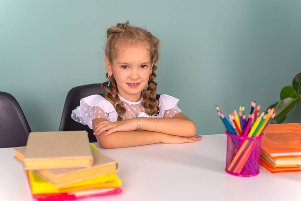 Powrót do szkoły i szczęśliwy czas! Urocze ciężko pracujące dziecko siedzi przy stole w domu. Dziewczyna ucząca się w klasie na tle tablicy. Dziewczyna czyta książkę.. - Zdjęcie, obraz