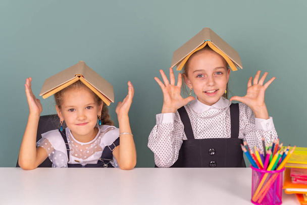 two little girls schoolgirls sisters classmates hold books at school and have fun - Φωτογραφία, εικόνα