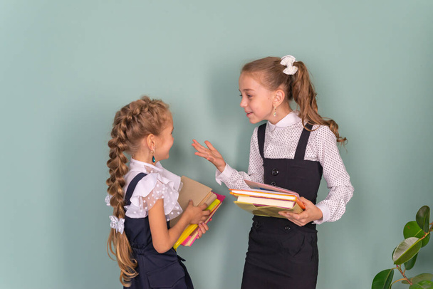 Photo of two little girls schoolgirls sisters classmates holding books at school - Foto, Imagem