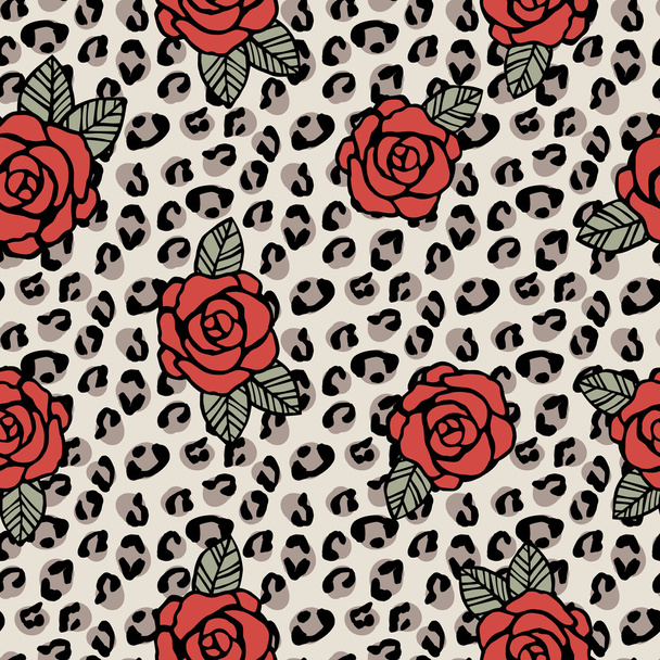 Seamless leopard pattern with roses. - Вектор,изображение