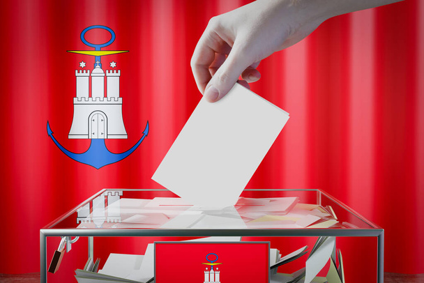 Bandeira de Hamburgo, mão soltando o cartão de cédula em uma caixa - votação / eleição na Alemanha conceito - ilustração 3D - Foto, Imagem