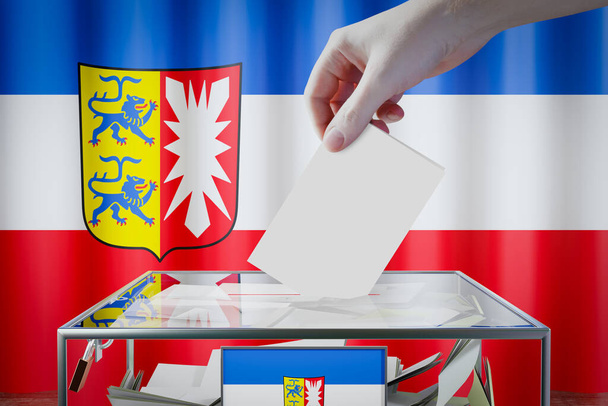 Прапор Шлезвіг-Гольштейна, який скидає бюлетені в коробку - голосування / вибори в німецькій концепції - 3D ілюстрація - Фото, зображення