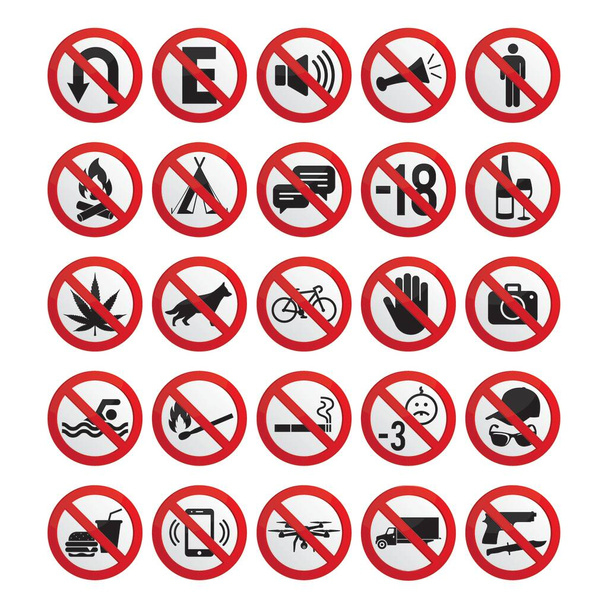 25 tiltott jel összegyűjtése az ipar, a vállalkozások, a külső és egyéb terek jelei számára. Szerkeszthető vektorok. - Vektor, kép