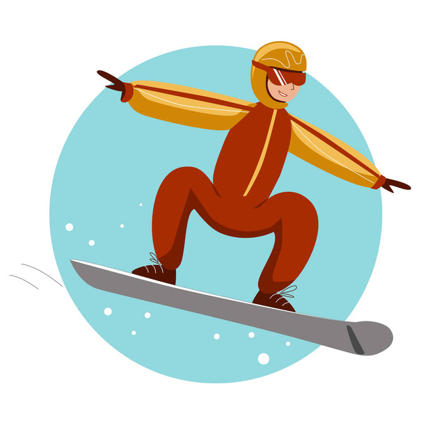 明るいスノーボーダーがスノーボードに乗っています。ベクトル漫画イラスト。ウィンタースポーツ - ベクター画像
