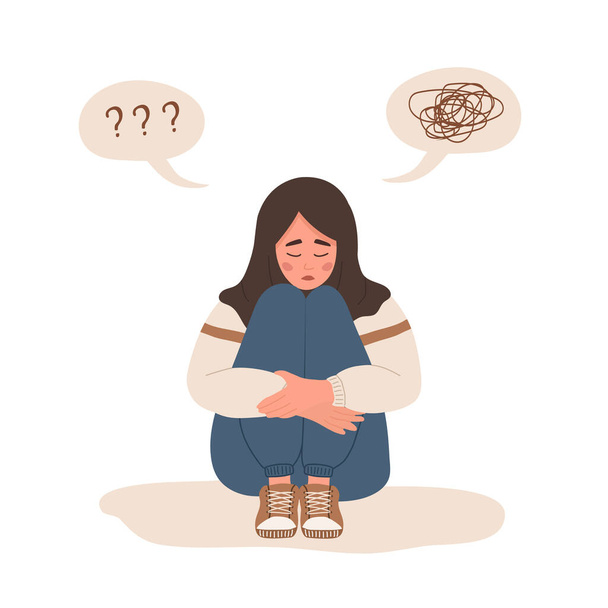 Mental health concept. Lonely muslim woman sitting on floor and hugging knees. Depressed teenager needs psychological help. Mood disorder. Vector illustration in cartoon style - Vector, Image