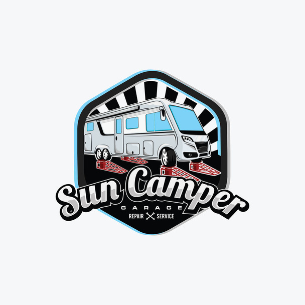 modèle de logo de badge de camping-car soleil avec fond blanc - Vecteur, image